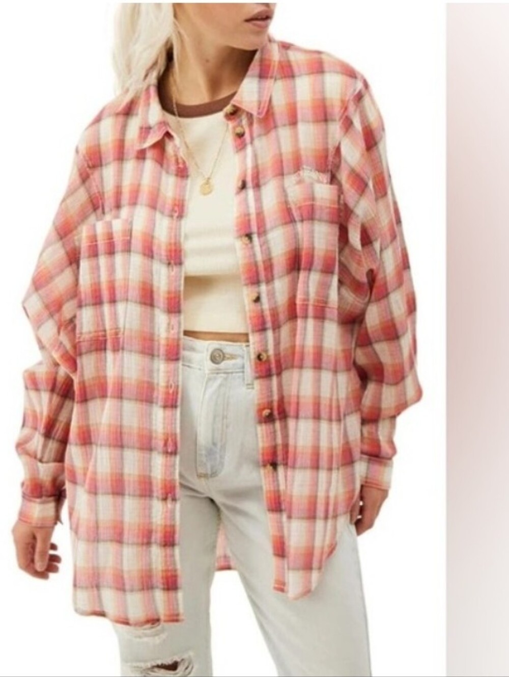 UO BDG Women’s Robyn Oversized Pink Plaid Button-Up Cotton Shirt sz L